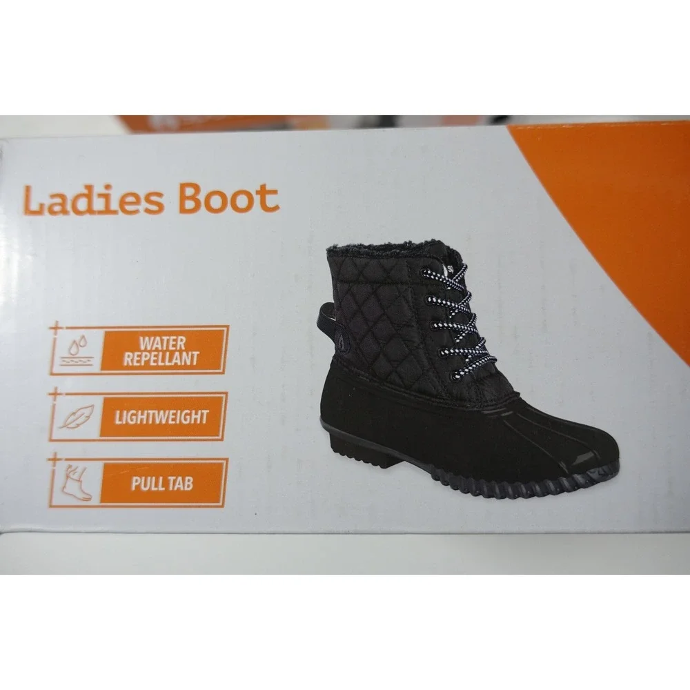 Sporto Andie Duck Boots Women 8 Black Water Repellant Lightweight Pull Tab